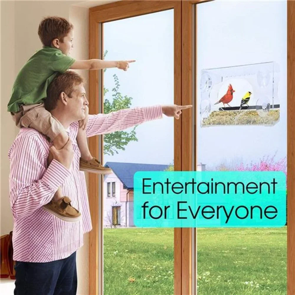 XL Window Bird Feeder-Extended Roof- Steel Perch-Sliding Feed Tray Drains Water